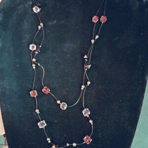 Double Strand Floating Bead Necklace Glass Bead Clear Amber Beads Black Cord